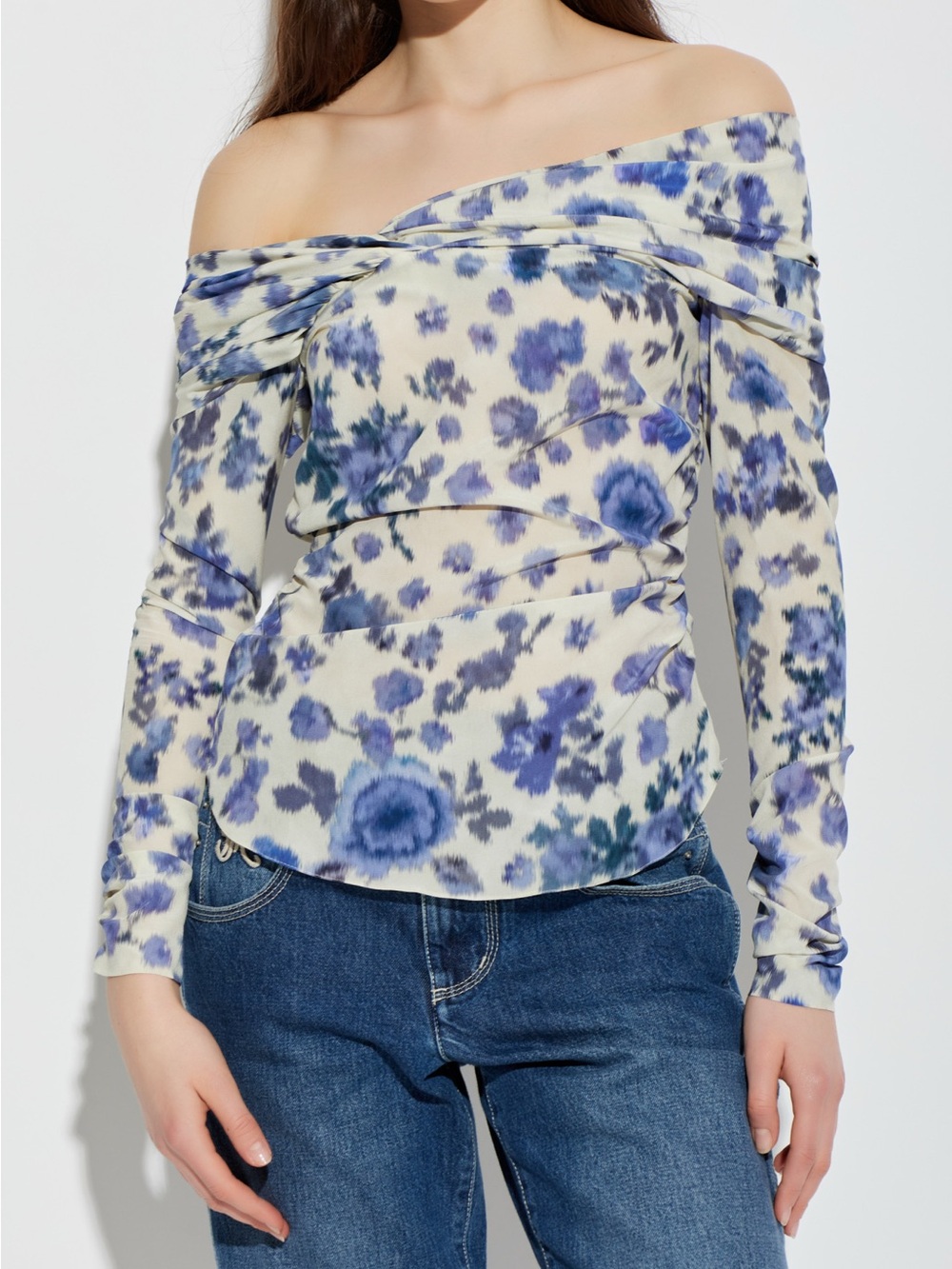 NWT- Isabel Marant 100% Danka silk Blue Floral Drape-Neck Women’s Top